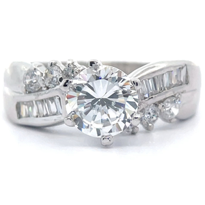 lot 28 image: Cubic Zirconia Round Brilliant & Baguette Double Row Curved Engagement Ring VIDEO
