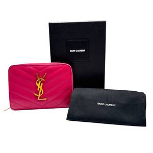lot 40 image: Saint Laurent Monogram Matelass Pink Leather Zip Wallet Pre-Owned Retail $950