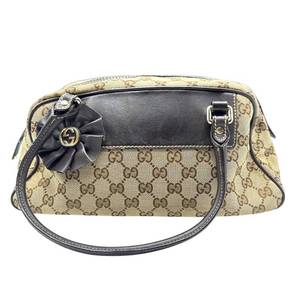 lot 27A image: Gucci GG Canvas Handbag with Black Leather Trim & Floral Charm Pre-Owned Retail $950