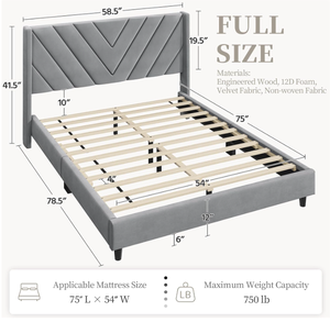 lot 72 image: Yaheetech Full Bed Frame Upholstered Platform Bed with Wing Side Tufted HeadboardSturdy Wooden Slat SupportNo Box Spring NeededMattress Foundation,Light Gray Full Bed (Missing Hardware)