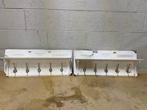 lot 434 image: LOT OF 2 Threshold Wood Entryway with Shelf Ivory - Wall Mounted Coat Rack with 5 Hooks, Silver Plated Finish