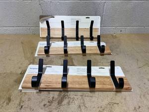 lot 431 image: LOT OF 3 Brightroom Mixed Material 4 Hooks Rail Matte Black on Light Wood  Wall Mounted Decorative Rack, Iron & Rubberwood