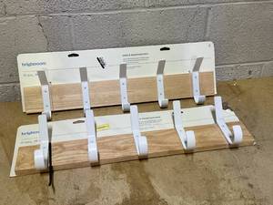 lot 441 image: LOT OF 2 Brightroom Mixed Material 5 Hooks Rail Matte White Wall Mounted Decorative Hook Rack, Steel & Rubberwood, 22.5 Length