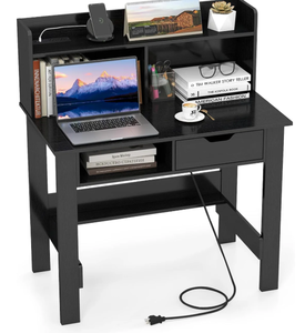 lot 178 image: Giantex Black Computer Desk with Hutch, Home Office Desk with Power Outlets, USB Ports (Used, 2 Small Burn Marks)