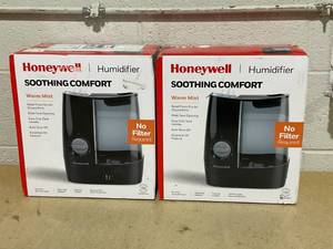 lot 267 image: LOT OF 2 Honeywell HWM845BV2 Warm Mist Humidifiers with Essential Oil Cup Filter Free Black Quiet Operation, 24-Hour Run Time, ETL Listed