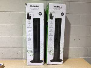 lot 191 image: LOT OF 2 Holmes Breeze Max Tower Fans With Color Display (Missing 1 Remote)