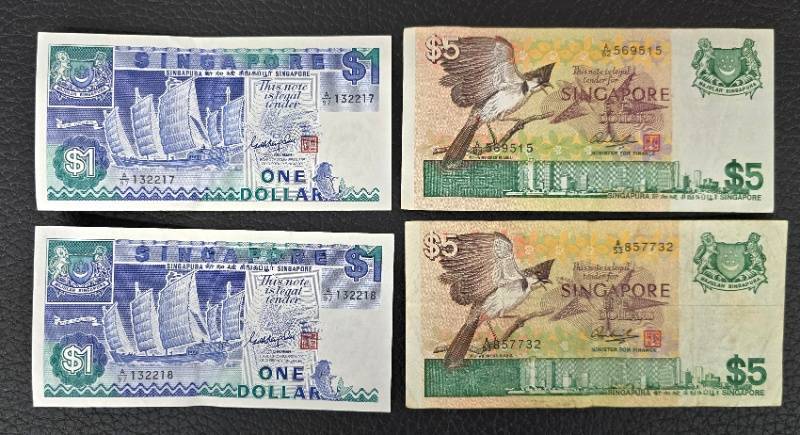 lot 270CH image: Singapore Banknotes - 2x $1 & 2x $5 Singapore Dollars