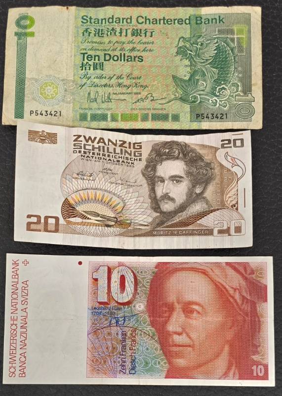 lot 271CH image: Austrian 20 Schilling Banknote - Hong Kong 10 Dollar Banknote - Swiss 10 Franc Banknote