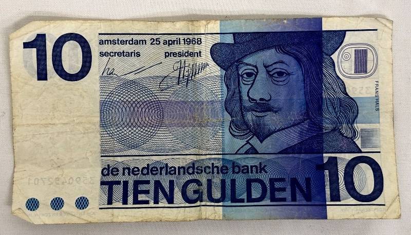 lot 219 image: Netherlands 10 Gulden Banknote - Frans Hals Portrait - Amsterdam 25 April 1968