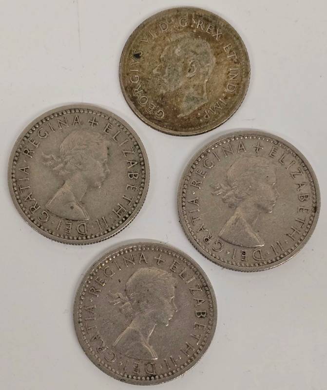 lot 266CH image: UK Sixpences 1958, 1962, 1963 & Canada 1938 Dime - 4 Coins