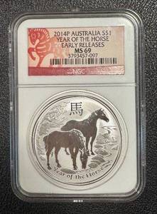 lot 10AC image: Perth Mint 2014 Year of the Horse 1 oz Silver Coin NGC MS69