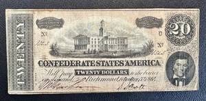 lot 10AG image: Confederate States of America Twenty Dollar Note - 1864 - Serial #1323