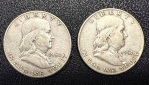 lot 10KC image: Two 1950 Benjamin Franklin Half Dollars - 90% Silver, Denver (D) Mint Mark