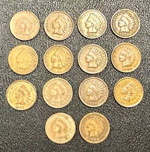 lot 13LB image: Indian Head Cents - 14 Circulated Coins, Dates Vary (1897-1908)