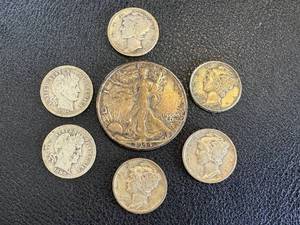 lot 13RB image: 1944 Walking Half Dollar, Barber Dimes (2) & Mercury Dimes (4) - Circulated