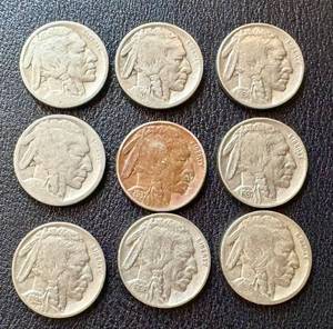 lot 14RJ image: Buffalo Nickels (Lot of 9) - Circulated, Dates Vary (1935-1937)