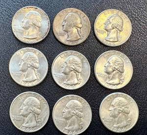 lot 15RJ image: Washington Quarters - 9 Circulated Coins (Dates 1942, 1962, 1964)