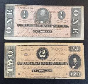 lot 16AG image: Confederate States One & Two Dollar Notes (Lot of 2) - Feb 17, 1864, Richmond