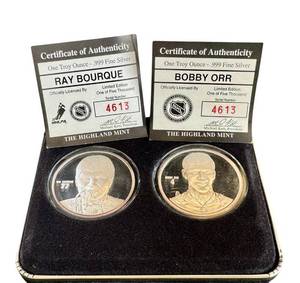 lot 17JM image: The Highland Mint Bobby Orr & Ray Bourque 1 oz .999 Fine Silver Proof Coin Set