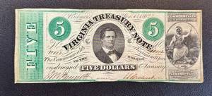 lot 18AG image: Antique Virginia Treasury Note - Five Dollars, March 13, 1862