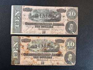 lot 22AG image: Confederate States Ten Dollar Banknotes - Richmond Feb 17, 1864 (Nos. 5892 & 20974)
