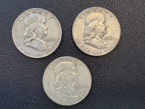 lot 27KC image: Ben Franklin Half Dollars 1953 - 3 Coins, One With S Mint Mark