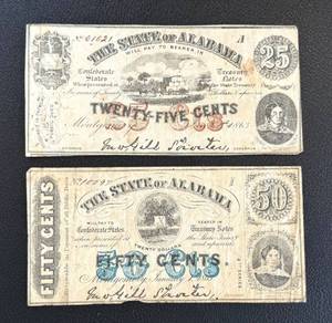 lot 28AG image: Confederate States Treasury Notes 25c & 50c (Lot of 2) Alabama 1863 2nd Series