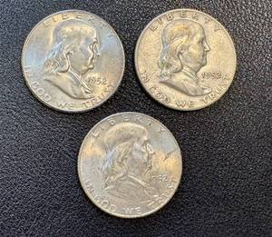 lot 30KC image: Ben Franklin Half Dollars 1952 (Lot of 3) - Philadelphia, Denver & San Francisco