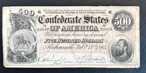 lot 31AG image: Confederate States of America 1864 $500 Note - Richmond Feb 17, 1864 - Serial 32648