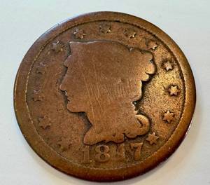 lot 32RB image: Braided Hair Large Cent - 1817 U.S. Penny