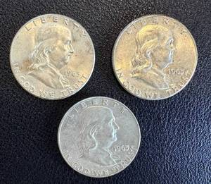 lot 43KC image: 1963 Franklin Half Dollars - 3 Coins (1 Denver Mint D, 2 Philadelphia) - 90% Silver