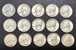 lot 55 image: Washington Quarters - 1950-1964 Set of 15