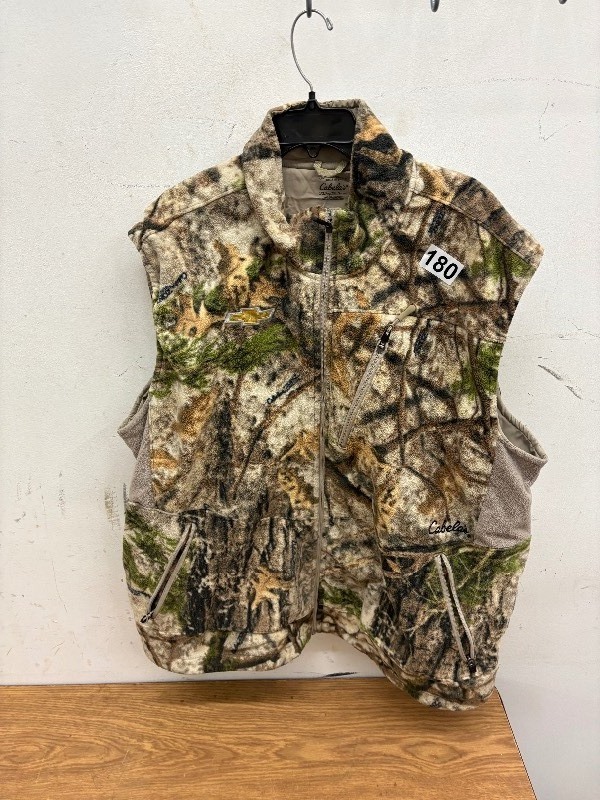 lot 180 image: Cabelas camo vest with Chevy logo size 2XL