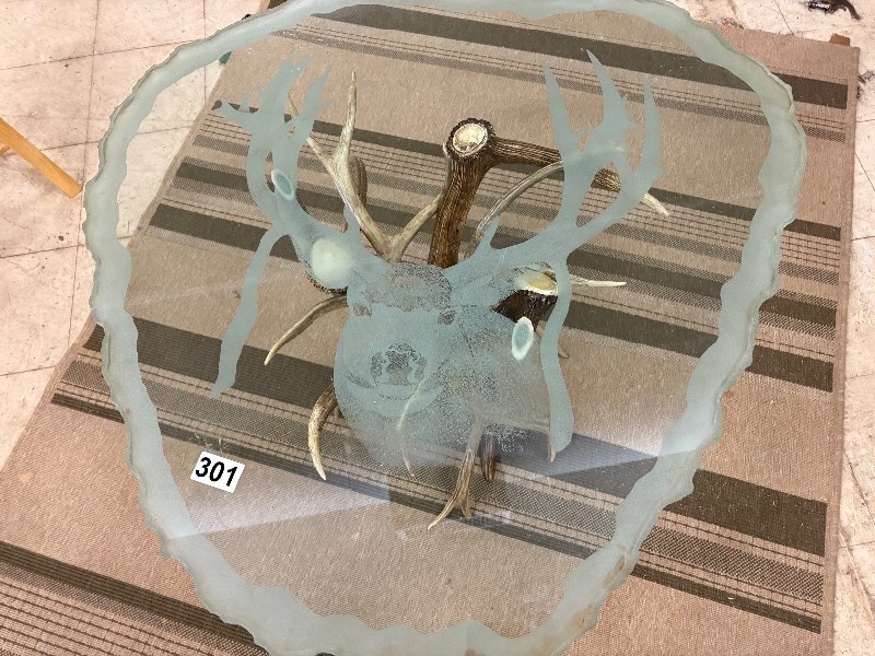 lot 301 image: Authentic Deer antler base side table with etched glass deer top