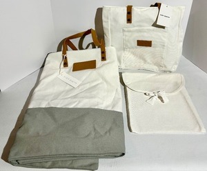 lot 127 image: Cozy Earth Canvas Tote Bags with Tan Leather Handles and a soft cream pouch