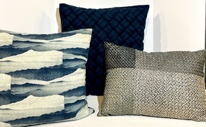 lot 129 image: Throw Pillows - 3-Pack - Navy Knit Braided, Mountain Stripe, Geometric Bronze Pattern