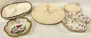lot 167 image: Porcelain Dishes (Lot of 5) - Floral Pattern & Gold Trim with Cake Stand