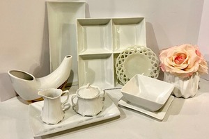 lot 172 image: White Ceramic Dinnerware & Decor Set with Gold Accent - Assorted Pieces