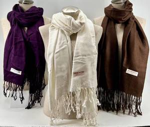 lot 243 image: Pashmina Scarves - 3-Pack - 100% Cashmere - Purple, White & Brown