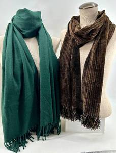 lot 247 image: Emerald Green Scarf with Fringe & Brown Scarf