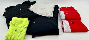 lot 254 image: Lululemon Neon Lime Tank Top - Black Zip Hoodie - Grey Tee - Black Pants - Aviator Nation Red yoga pants