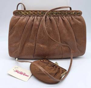 lot 165 image: NEW Judith Leiber Brown Snakeskin Evening Clutch With Gem-Trim Gold Frame