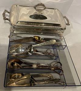 lot 175 image: Serving Set - Silver-Toned Lidded Rectangular Dish with Ornate Handles & Utensil Tray