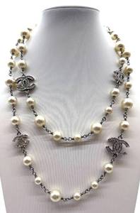 Vintage Chanel Necklace 40in Glass Pearl & Crystal Logo