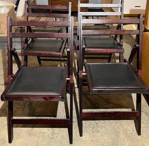 lot 15 image: Dark Wood Folding Chairs with Black Leather Seats - Modern Slat Back (Lot of 4)
