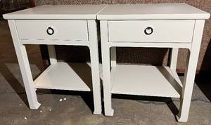 lot 23 image: Pair of White End Tables With Drawer Ring Pull & Lower Shelf