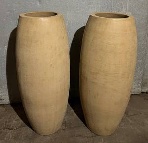 lot 24 image: Tall Beige Ceramic Vases - 27.5 in H x 9 in Dia - 2-Piece Set