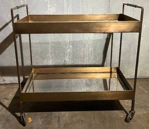 lot 29 image: Crate & Barrel Libations Antique Gold Bar Cart - 33 in H x 33 in W x 14 in D