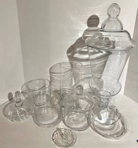 lot 72 image: Clear Glass Apothecary Canister Set with Lids - Tall Jar & Assorted Jars
