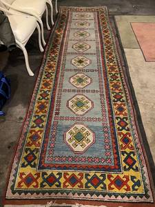 lot 83 image: Kilim Runner Rug - Geometric Multicolor Border & Octagonal Medallions